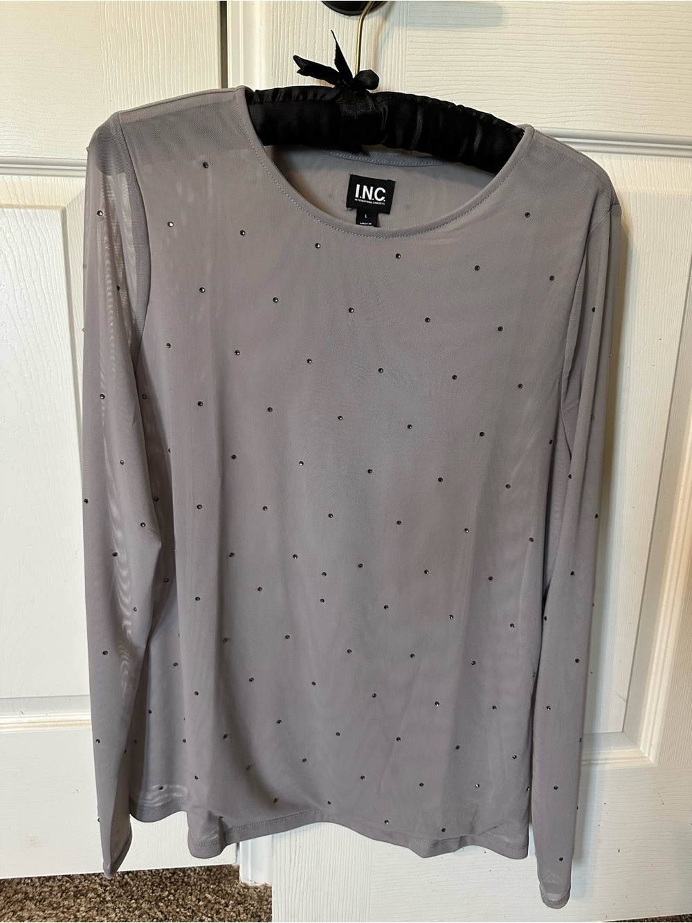 INC International Concepts Light Gray Sheer Long-Sleeve Top with Rhinestones
